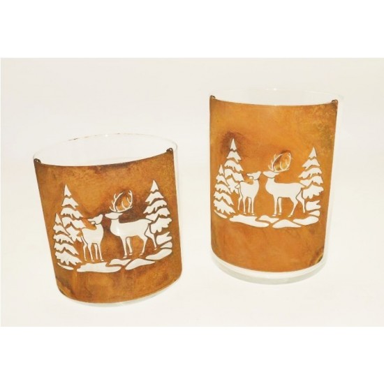 Edelrost Bogen gross, halbrund mit Wald- und Wildmotiv im Winter mit Glas