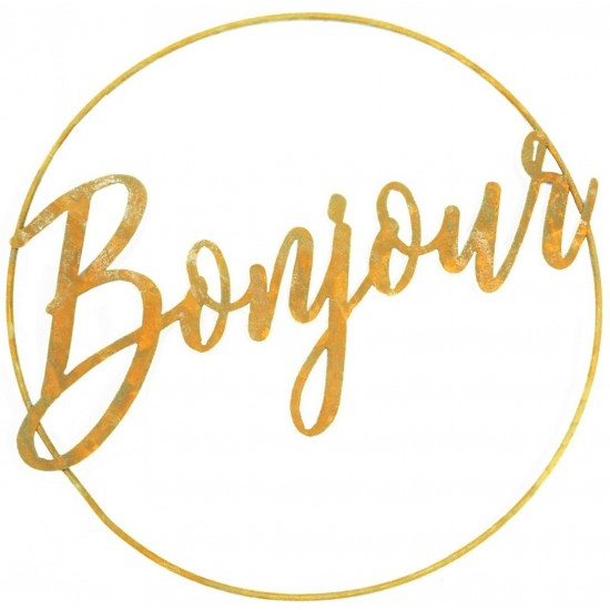 Edelrost Schriftzug "Bonjour" im Ring aus Metall, Ø 60 cm