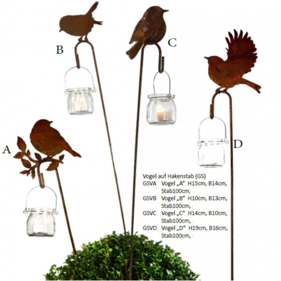 Laternenstab für Windlichte als Gartendeko aus Edelrost mit Vogel Motiv