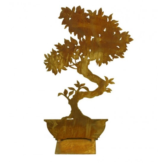 Edelrost Bonsai schmal auf eckiger Platte, Höhe 50 cm 