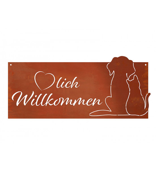 Tierisches Rostschild mit Hund und Katze - Herzlich Willkommen - Breite 51 cm