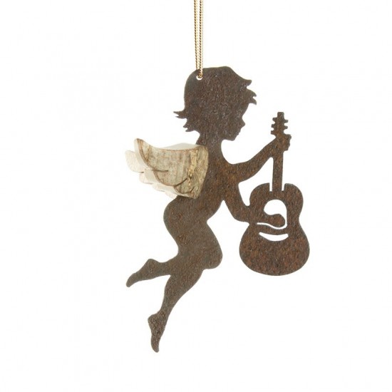 Edelrost Engel mit Rindenflügeln Typ 6 (mit Gitarre) Rostengel H: ca. 6,5 cm